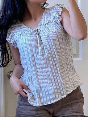 Old Navy White and Brown Striped Ruffle-Sleeve Tie-Neck Tank